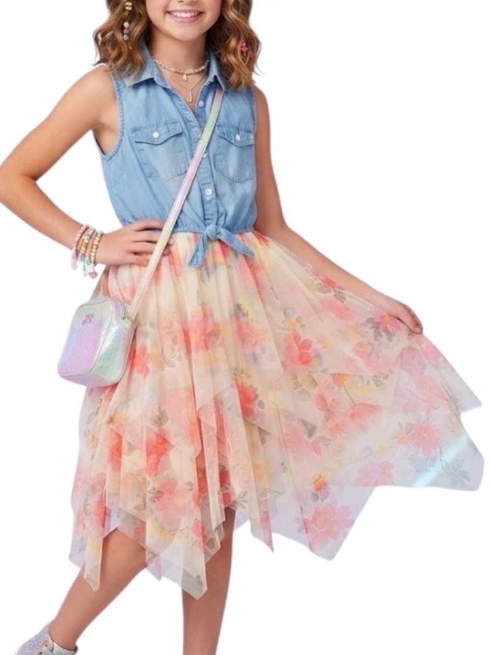 JUSTICE Western Cottagecore Girls Chambray Floral Tulle Dress Blue Tiered 10Y